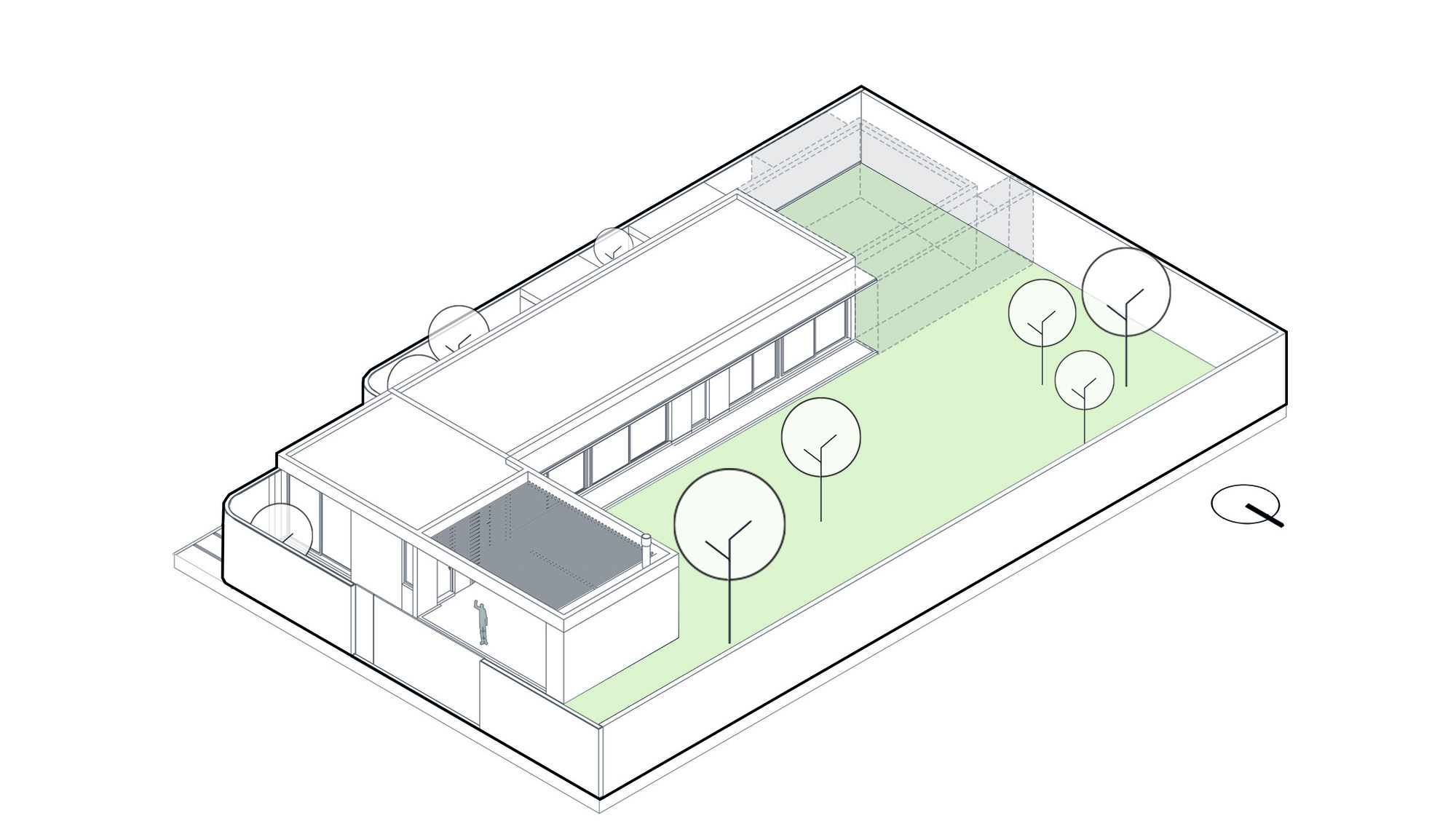 Axonometric drawing of the house and walled lawn with scattered trees and a standing figure on the covered terrace