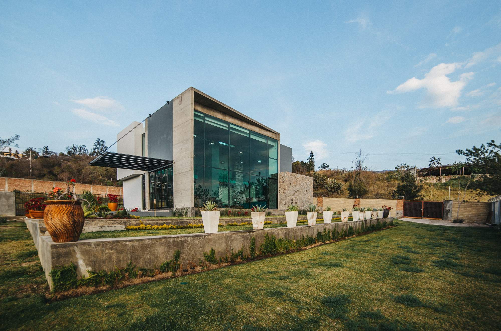 Wide view of the glazed double-height corner and board-formed concrete wall behind a low retaining wall with white planters