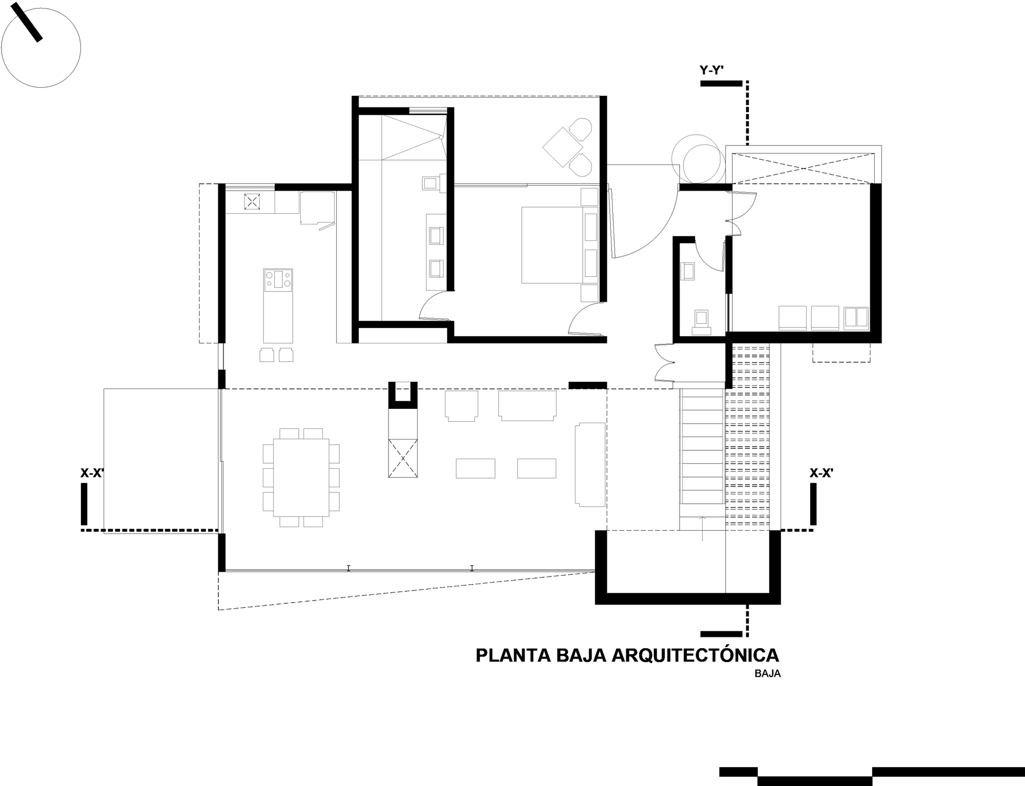 Ground floor plan drawing showing bedrooms, kitchen, dining and living areas, a staircase and section lines