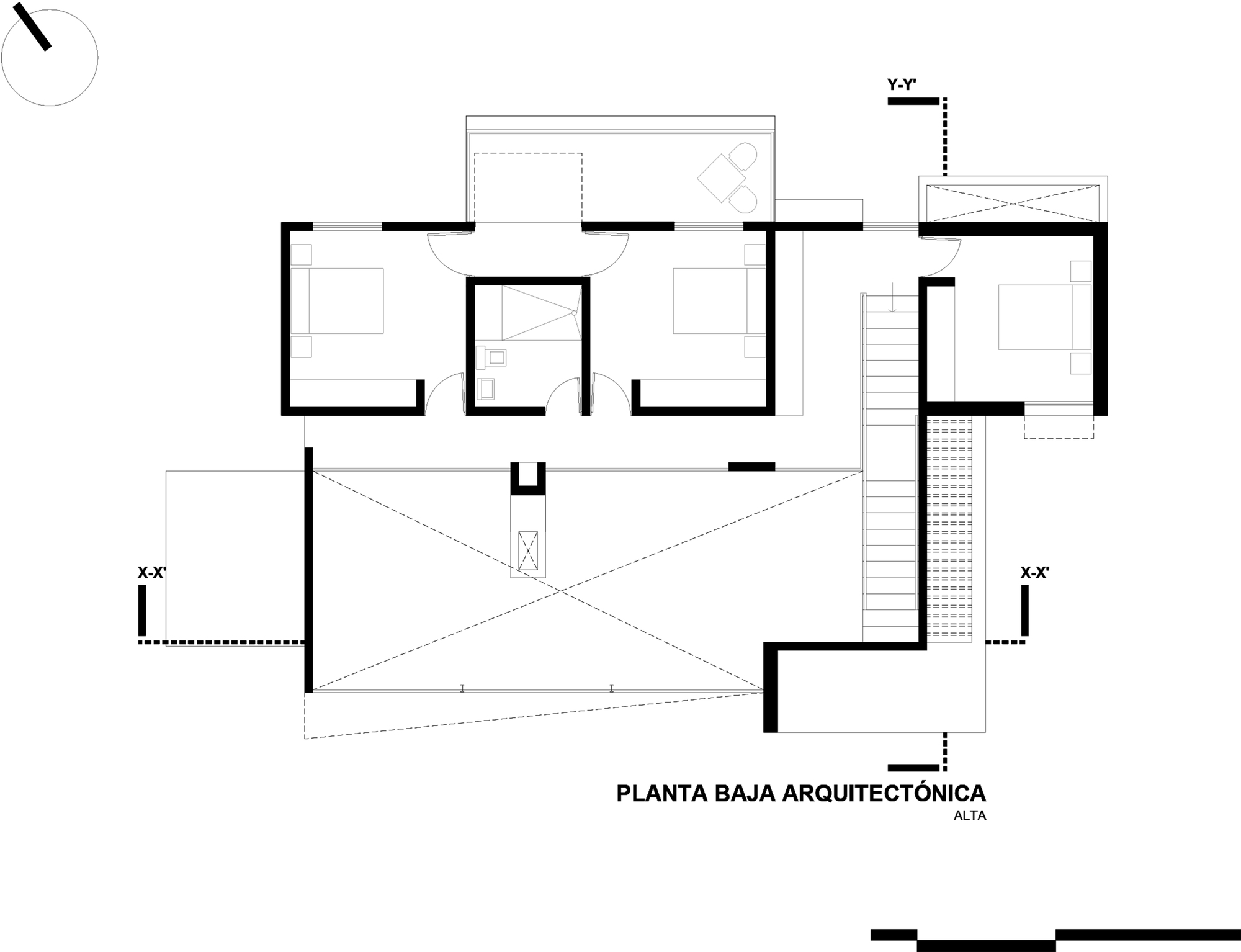 Upper floor plan drawing showing three bedrooms around a central bathroom, with a stair on the right and a double-height void below