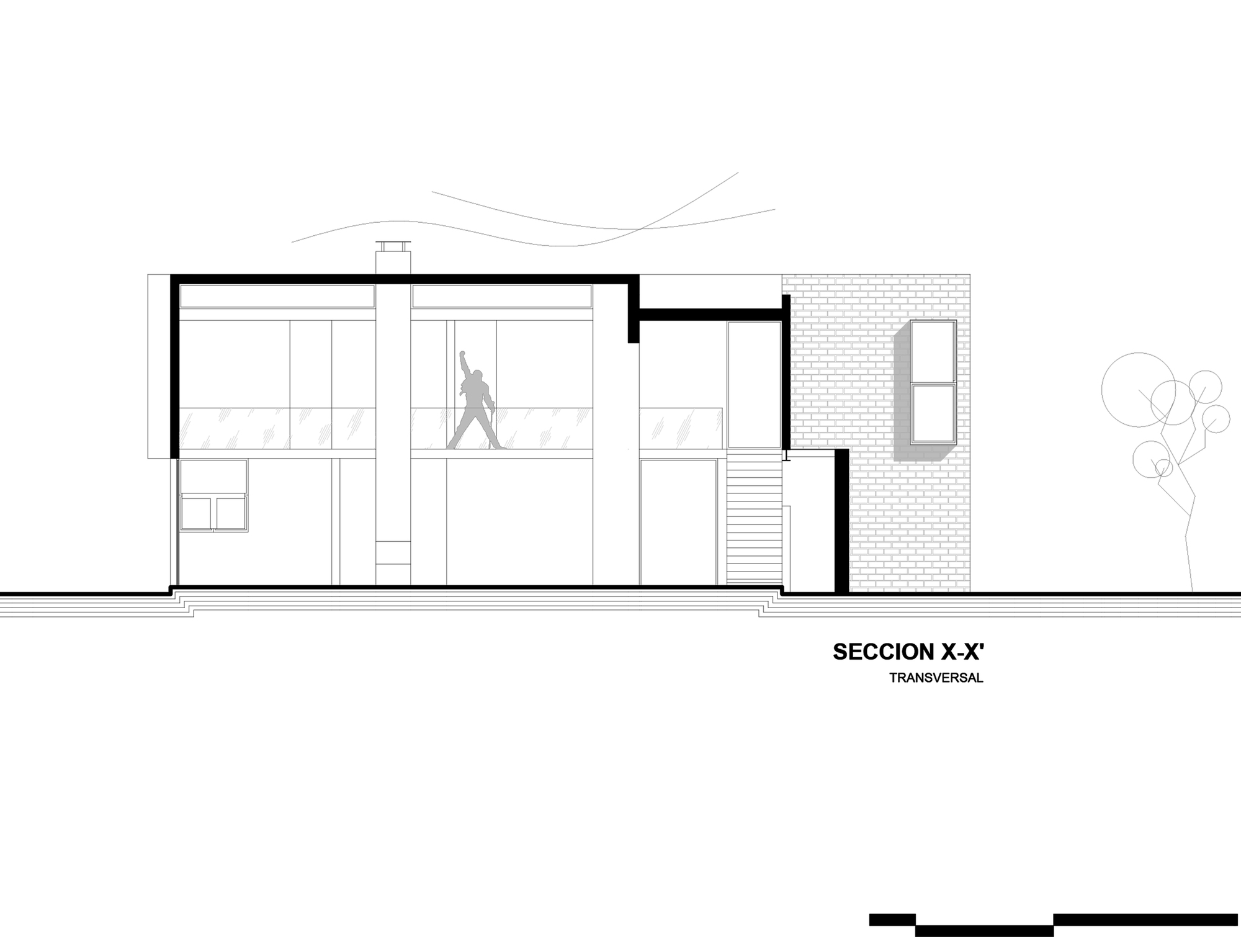 Cross section drawing X-X' cutting through a central chimney flue, glazed double-height living space and a brick-clad volume, with a human figure and tree in ou