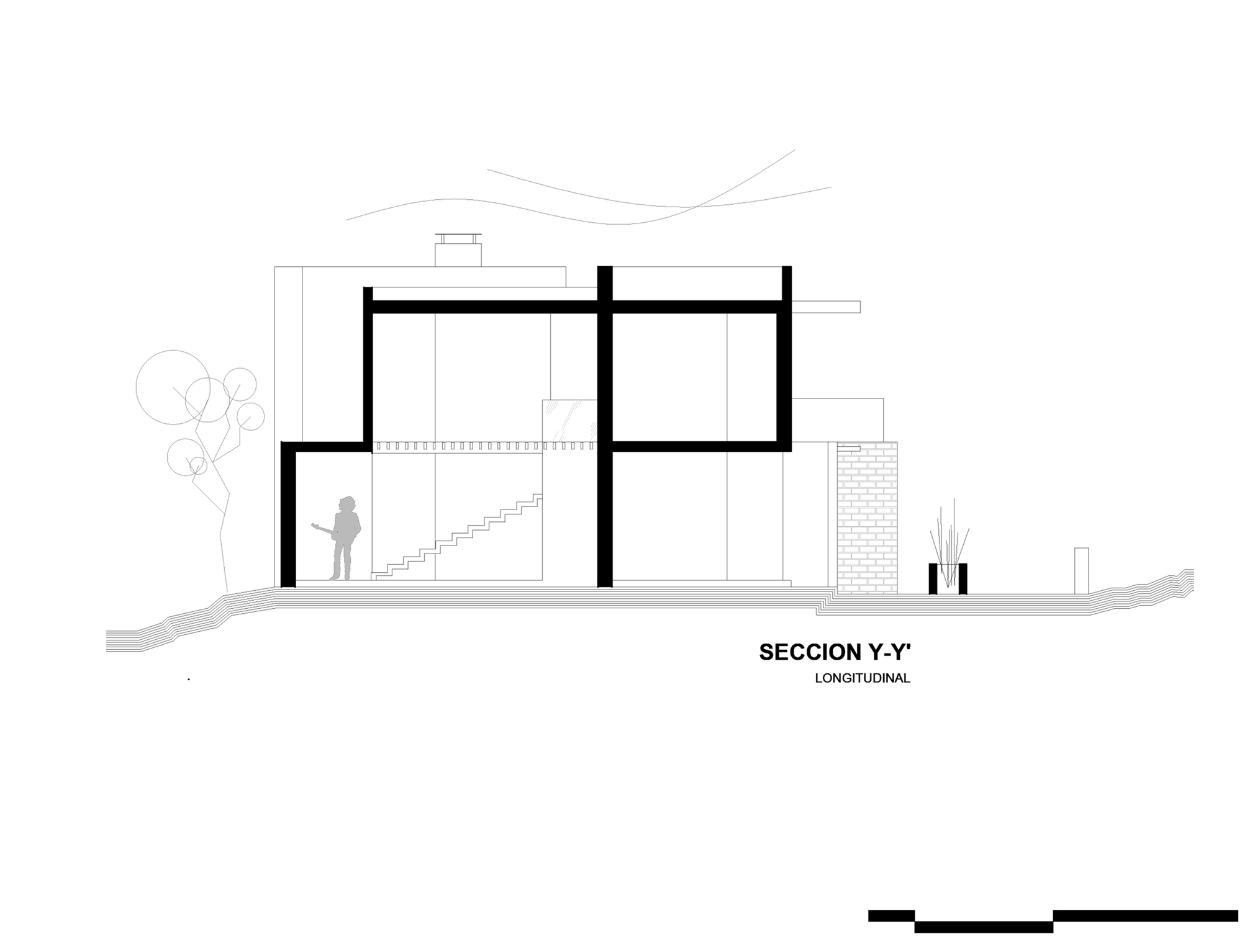 Longitudinal section drawing Y-Y' showing two stacked floors, a straight stair, a brick wall edge and a figure holding a guitar beside a sloping site