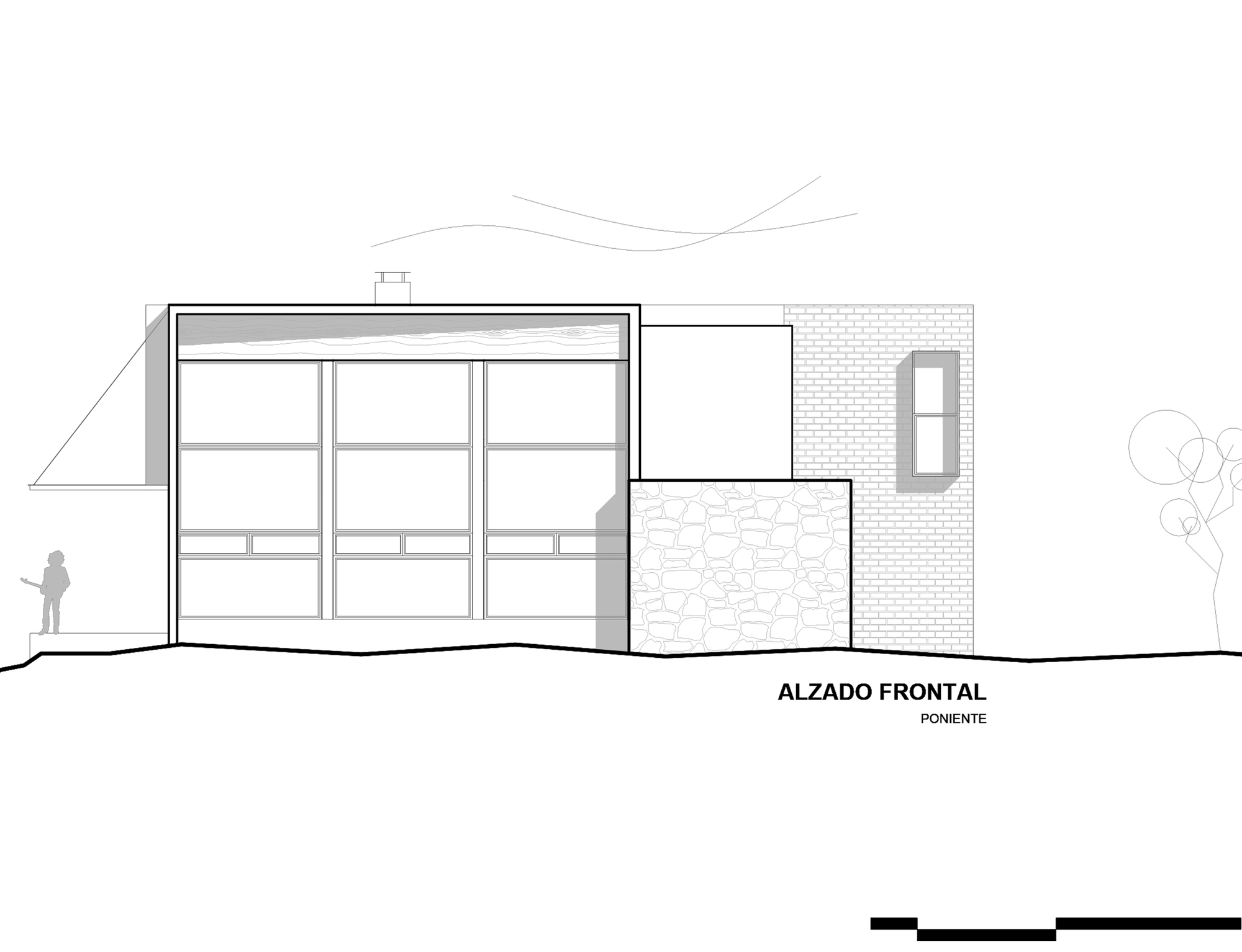 Front elevation drawing of a large gridded glass facade beside a rubble stone wall and brick volume, with a small figure and tree