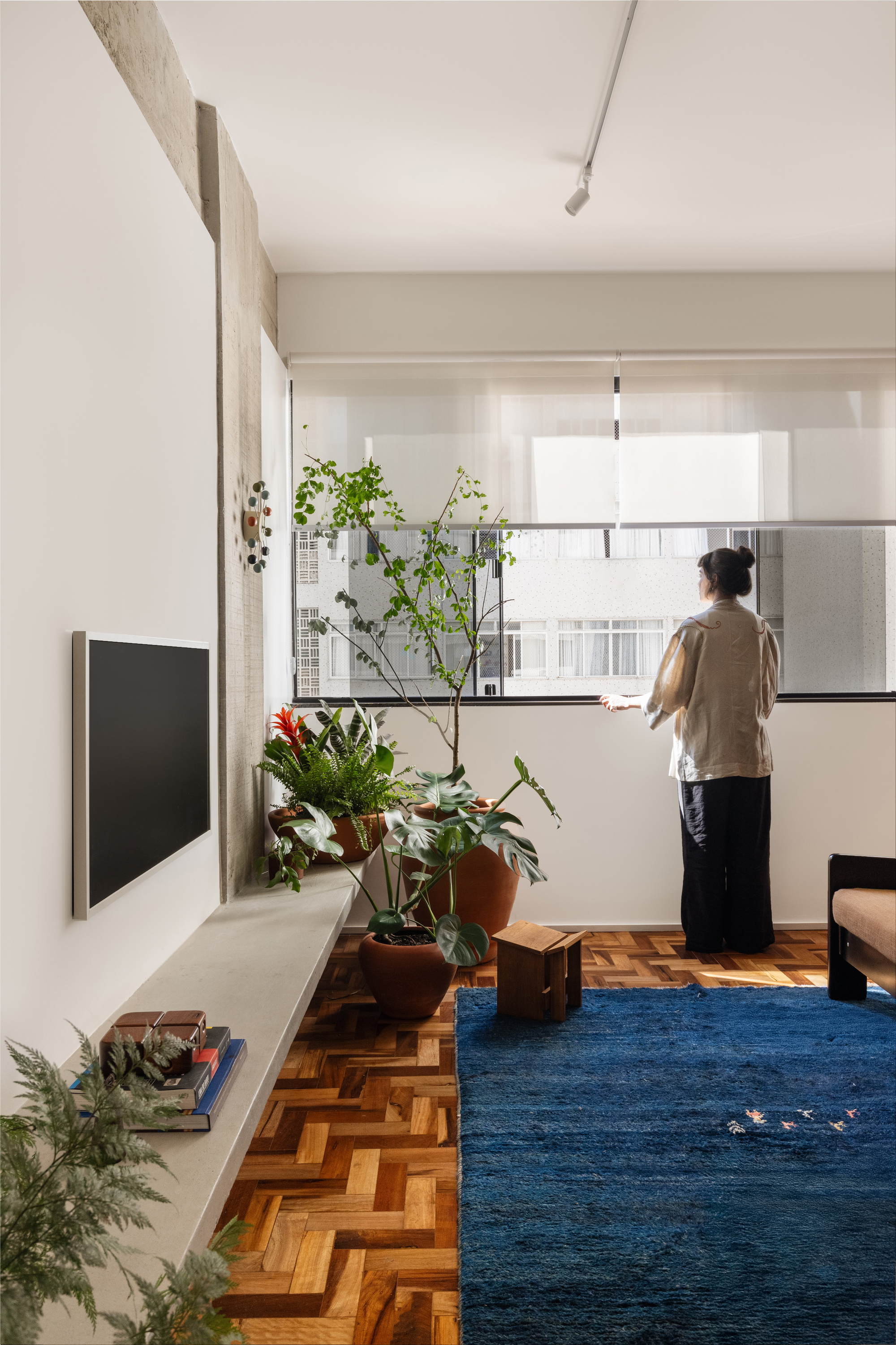 Woman standing at a window beside a concrete ledge of potted plants, with a blue rug on the parquet floor