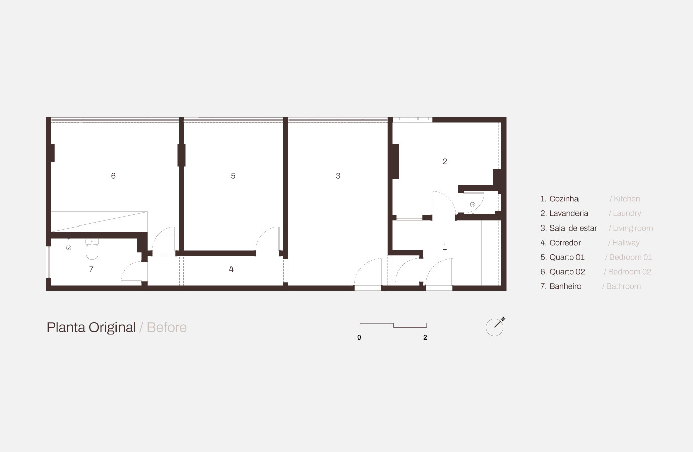 Floor plan drawing of the original apartment layout showing kitchen, laundry, living room, hallway, two bedrooms and a bathroom in a narrow rectangle