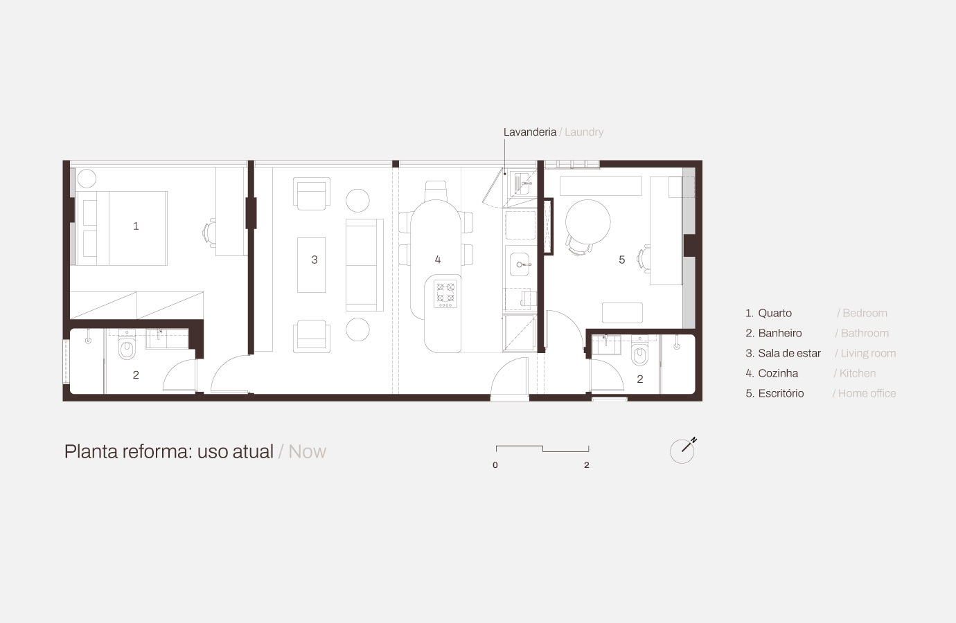 Floor plan drawing of the renovated apartment showing a bedroom, open living room and kitchen with island, home office and two bathrooms