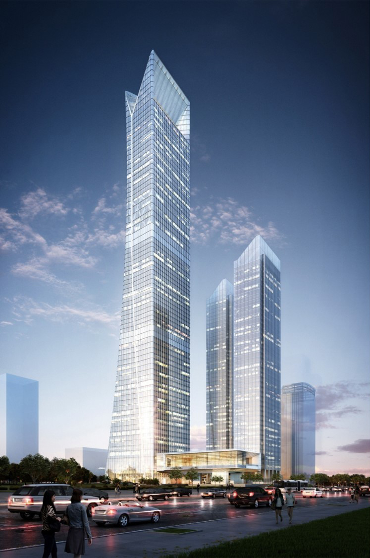 Rendering of a tall tapered glass tower with a notched crown beside two shorter towers, with pedestrians and cars on the street at dusk