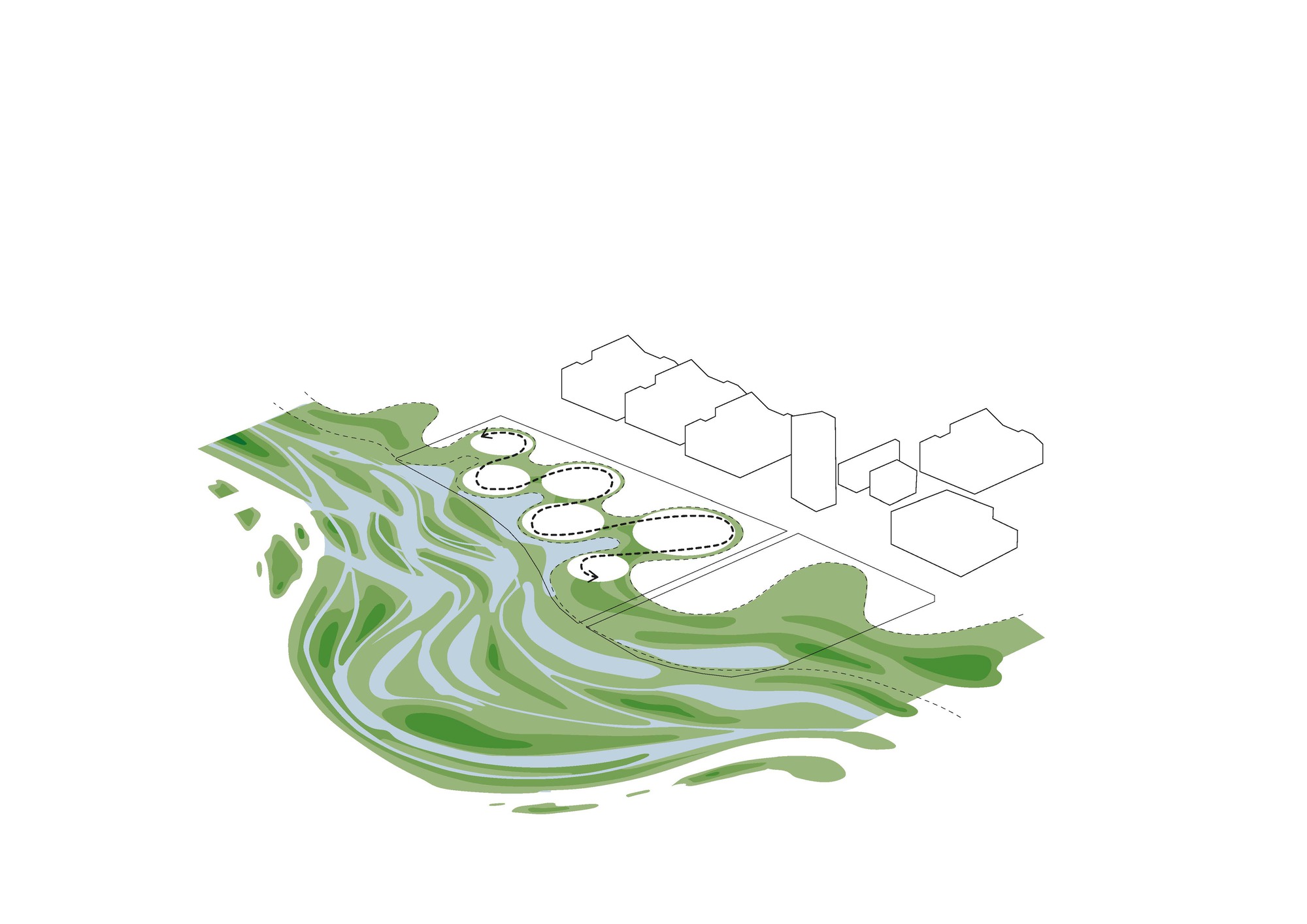 Axonometric diagram of the same river landscape with a row of oval footprints along the dashed edge beside the city blocks