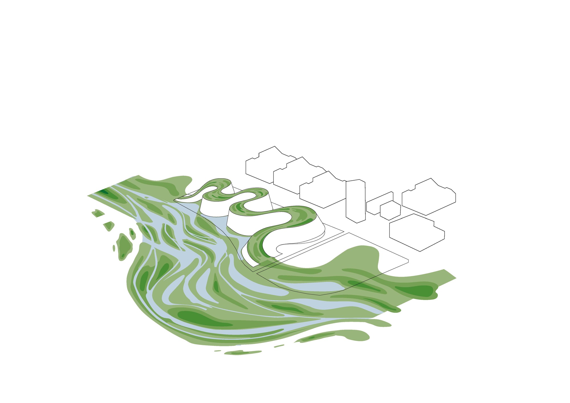 Axonometric diagram of terraced, winding landforms rising from the river landscape beside outlined city blocks