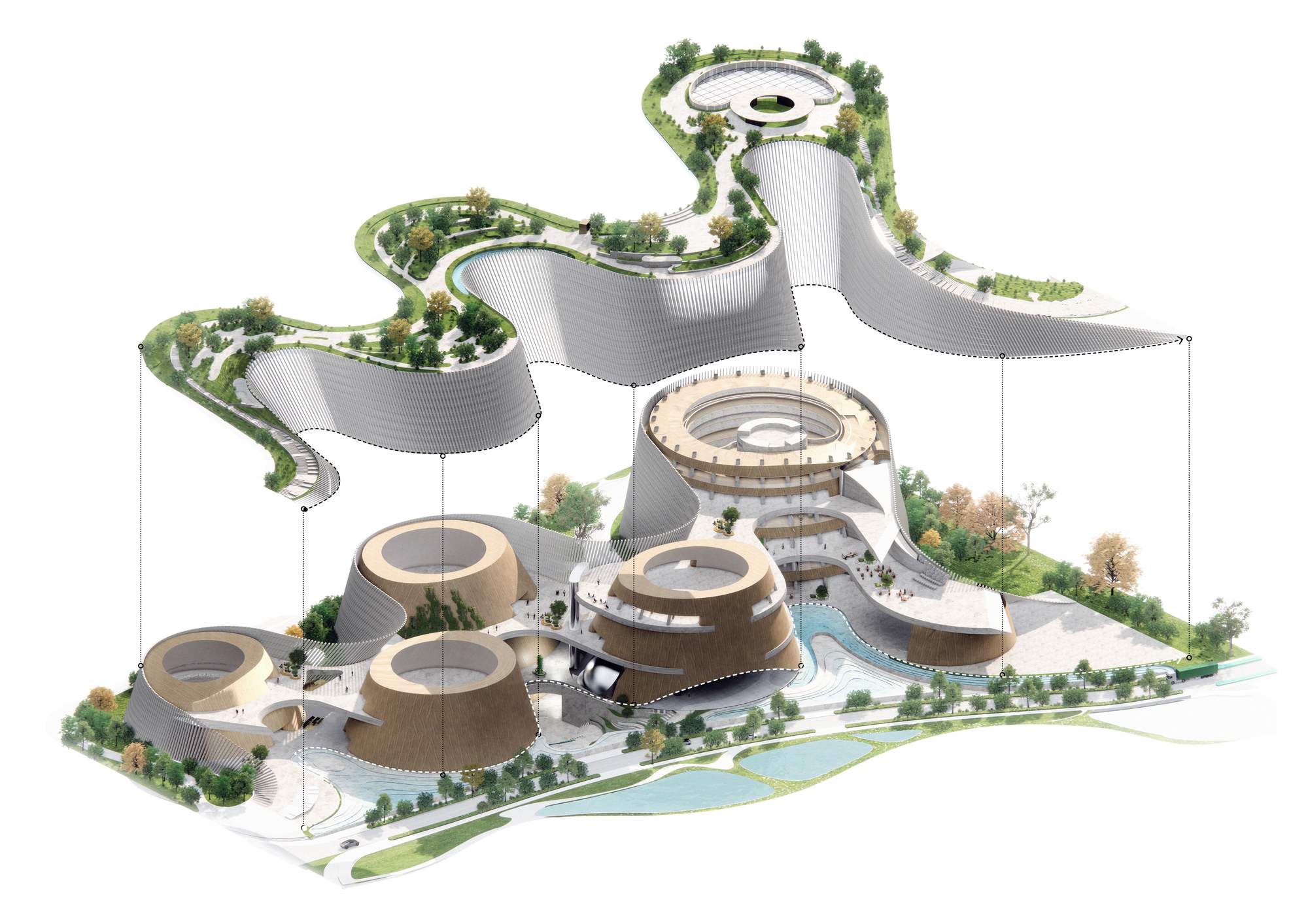 Exploded axonometric drawing showing a ribbon-like planted roof lifted above clustered round timber-clad volumes, with autumn trees and water channels around th