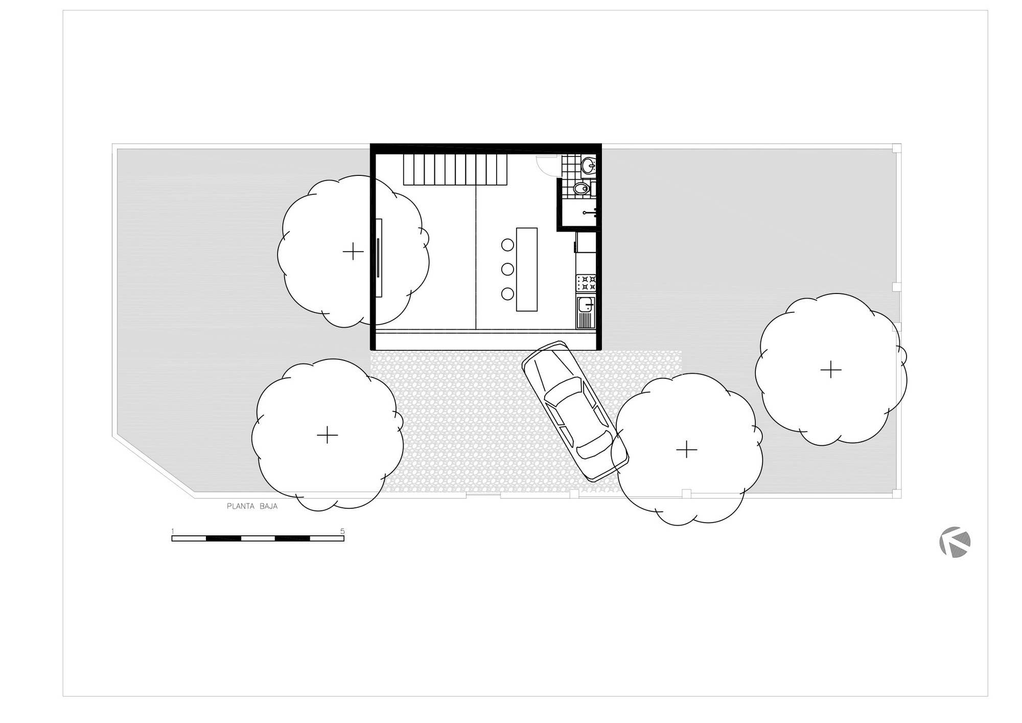 Ground floor plan drawing showing a square volume with stair, kitchen island and bathroom, a parked car on a gravel pad and four surrounding trees