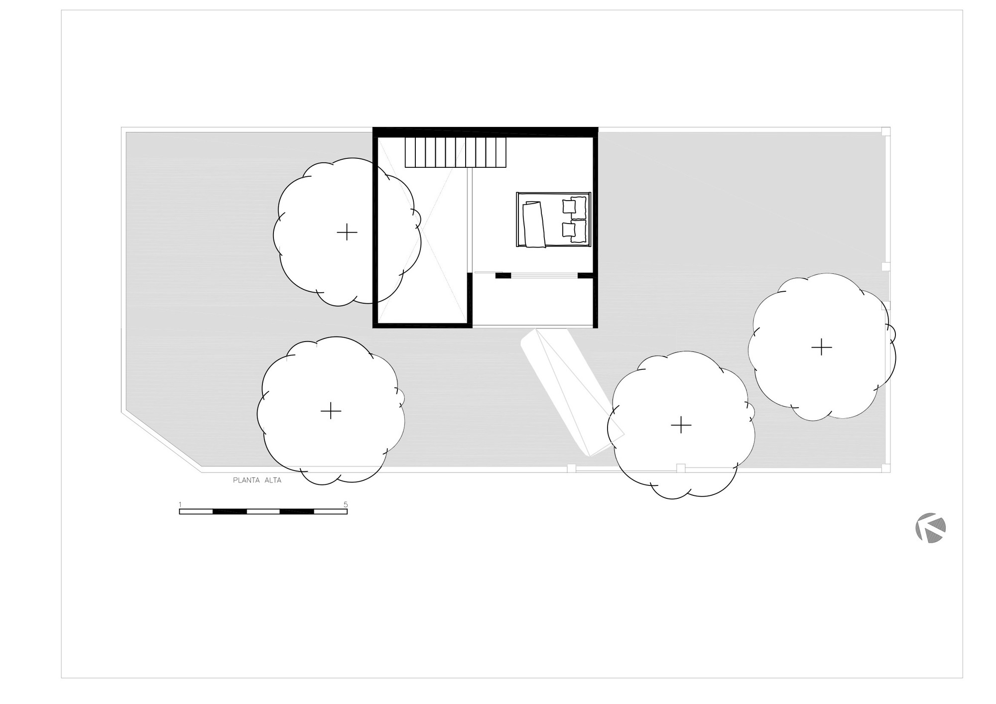Upper floor plan drawing showing a stair, a bedroom with a double bed and a small terrace, set among four tree canopies