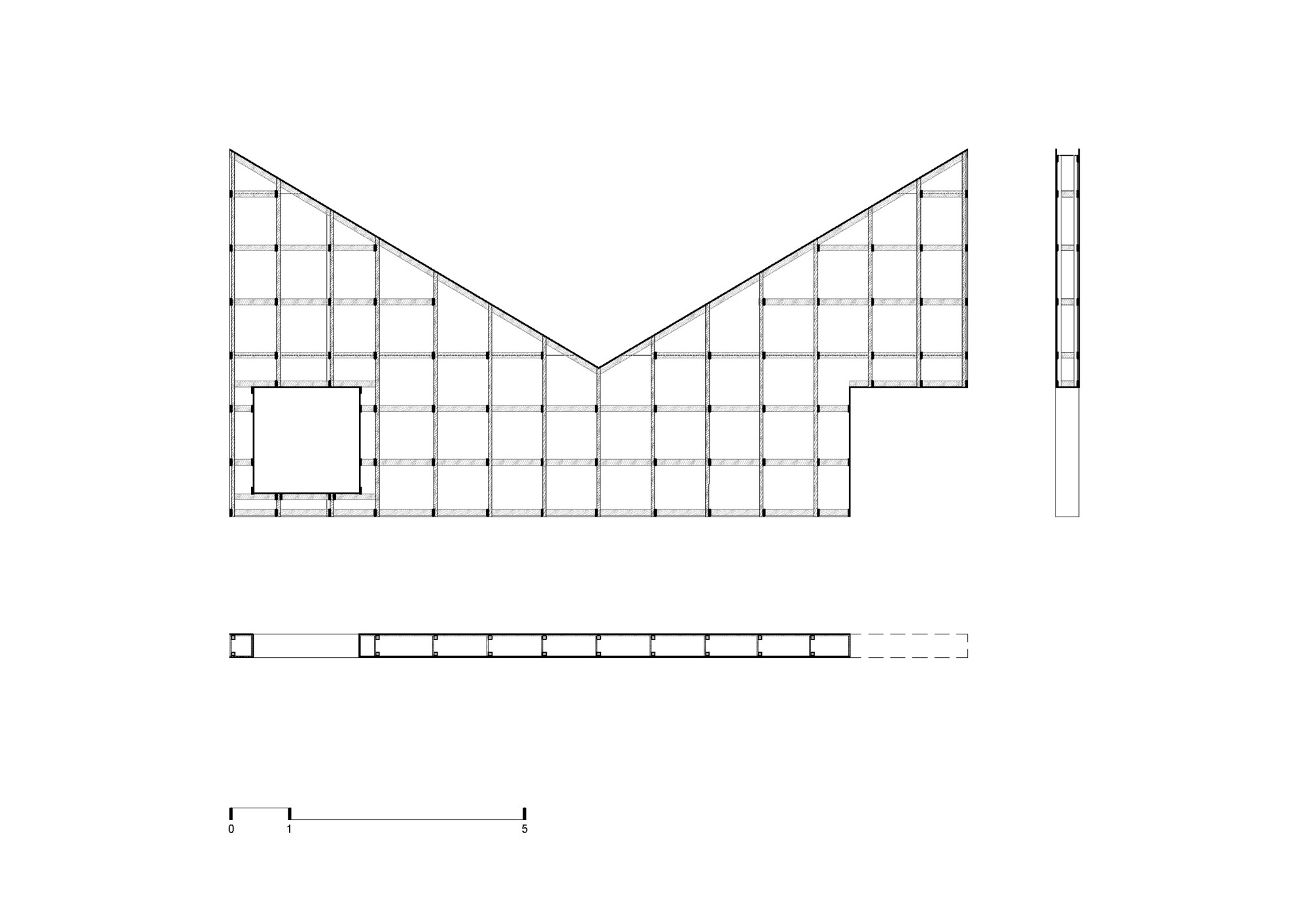 Elevation and section drawing of a V-shaped gridded wall panel with a square opening, plus a narrow side profile and scale bar