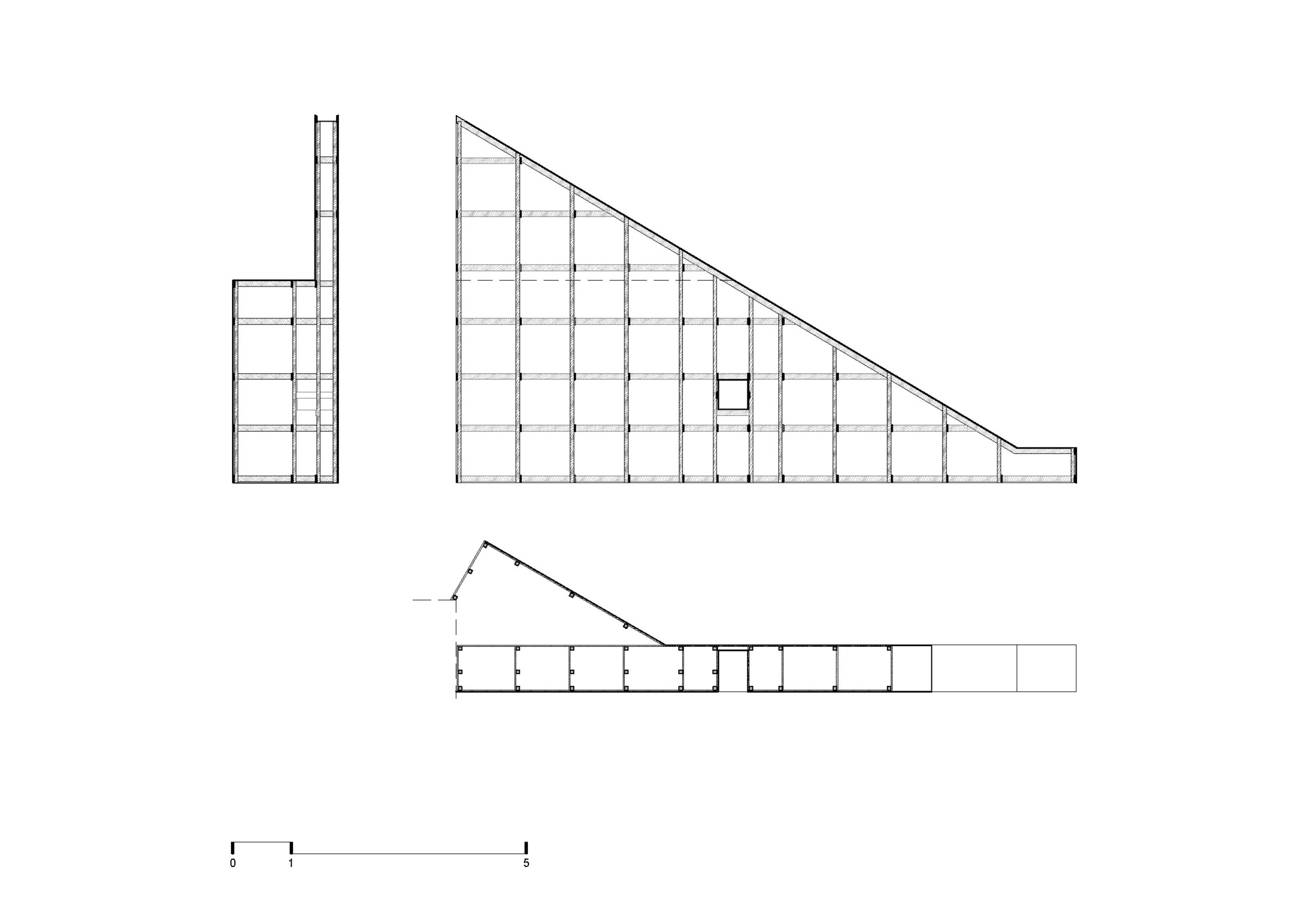 Elevation, side view and plan drawing of a triangular gridded wall panel with a small square opening, drawn with a scale bar