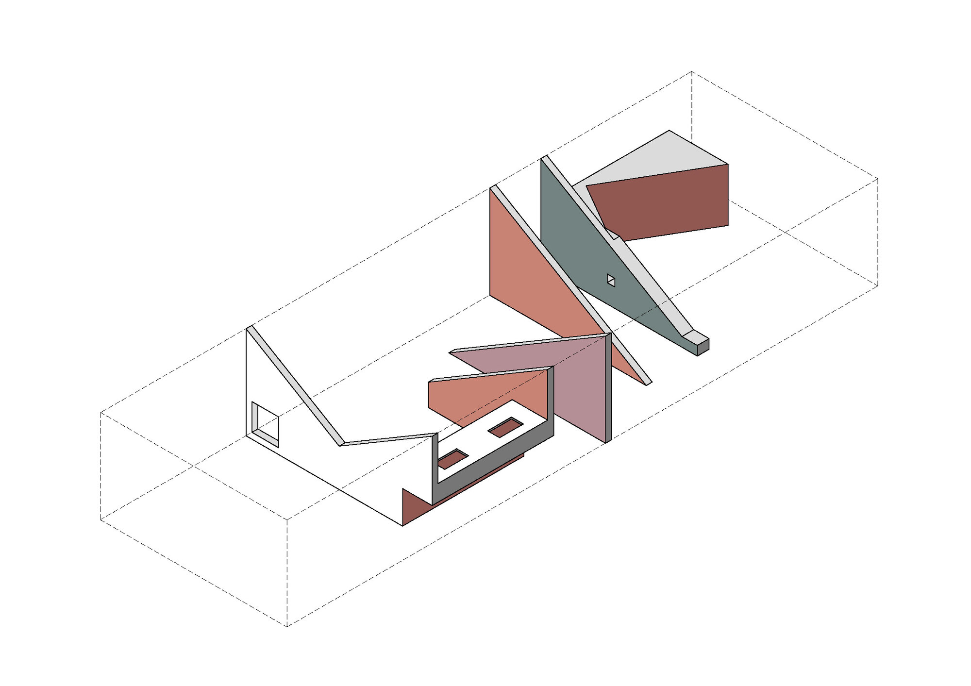 Axonometric drawing of freestanding pink, red and grey wall planes arranged in sequence inside a dashed rectangular volume