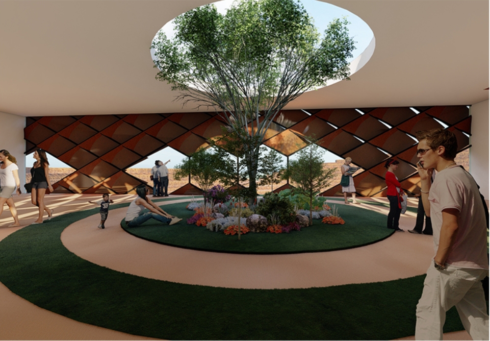 Rendered courtyard with a central tree rising through a circular roof opening, ringed by lawn and visitors under a diamond lattice wall. Image: Si Nguyen