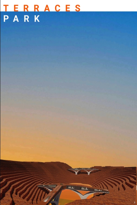 Rendered view of terraced red quarry walls with two bridge structures spanning the pit under a blue to orange dusk sky. Image: Si Nguyen
