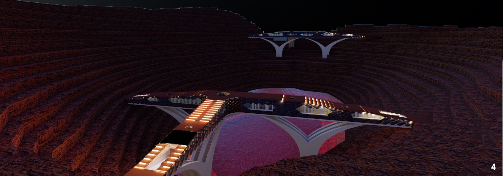 Night render of the T-shaped bridge with glowing interior lights above a pink-lit pool in the terraced pit. Image: Si Nguyen