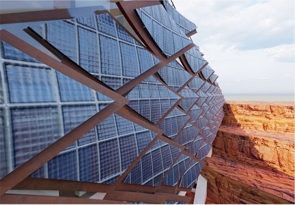 Close-up of rust-colored diagonal frames holding curved blue solar glass panels beside a red canyon wall under scattered clouds. Image: Si Nguyen