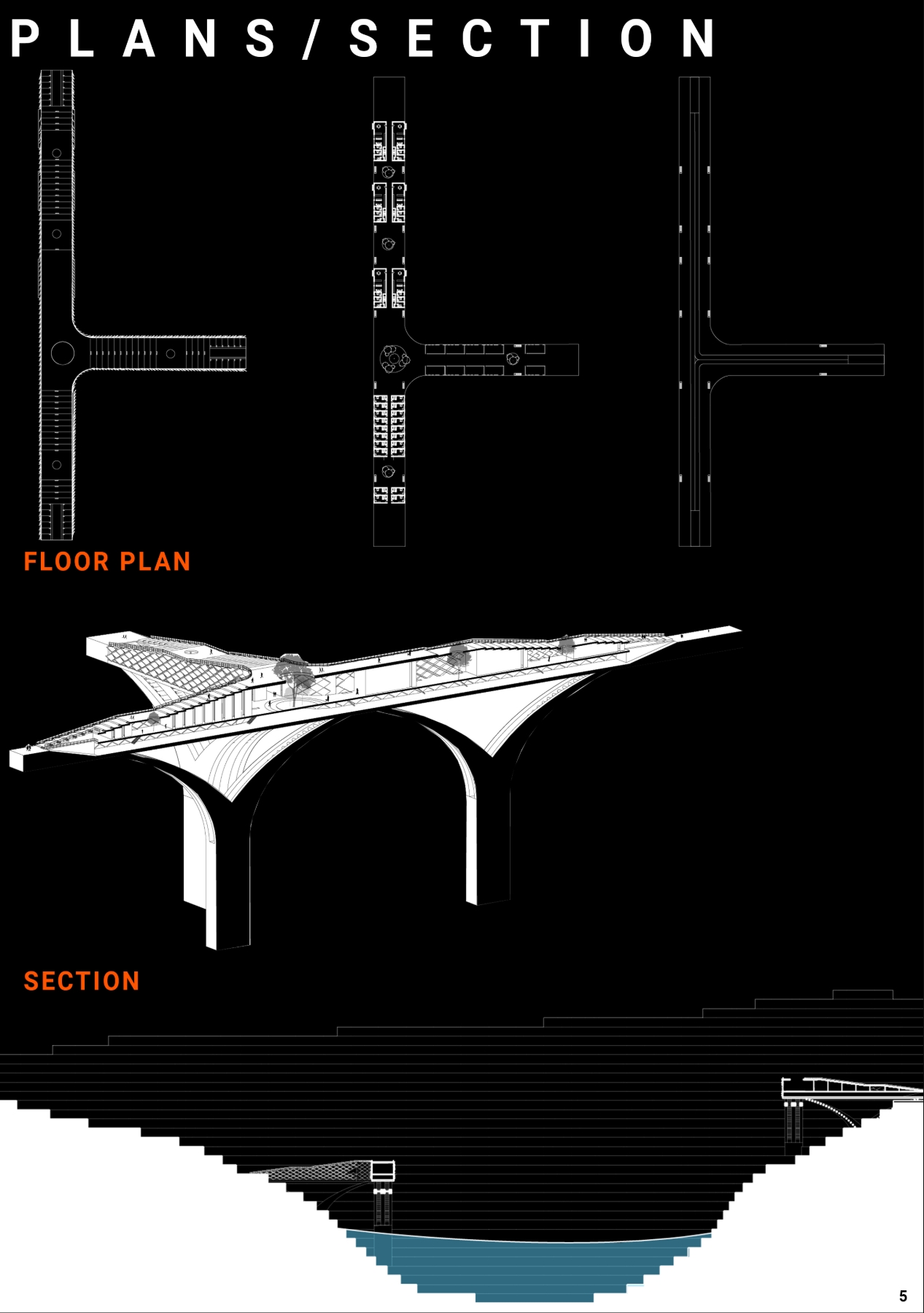 Drawing sheet with three T-shaped floor plans, an axonometric section of the arched bridge and a cross section of the stepped pit with water. Image: Si Nguyen