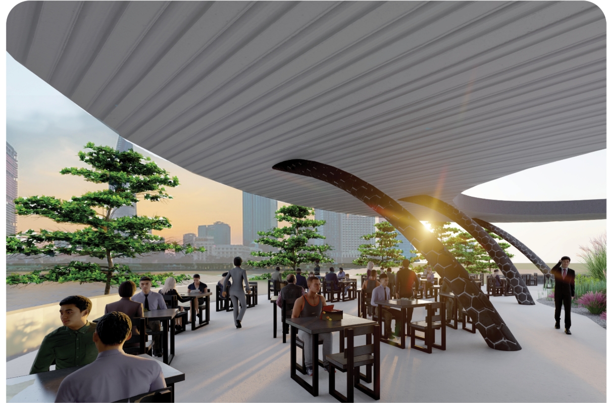 Rooftop dining terrace under a sweeping canopy with hexagon-patterned curved columns, diners at dark tables and a low sun over the skyline. Image: Dylan Ramage