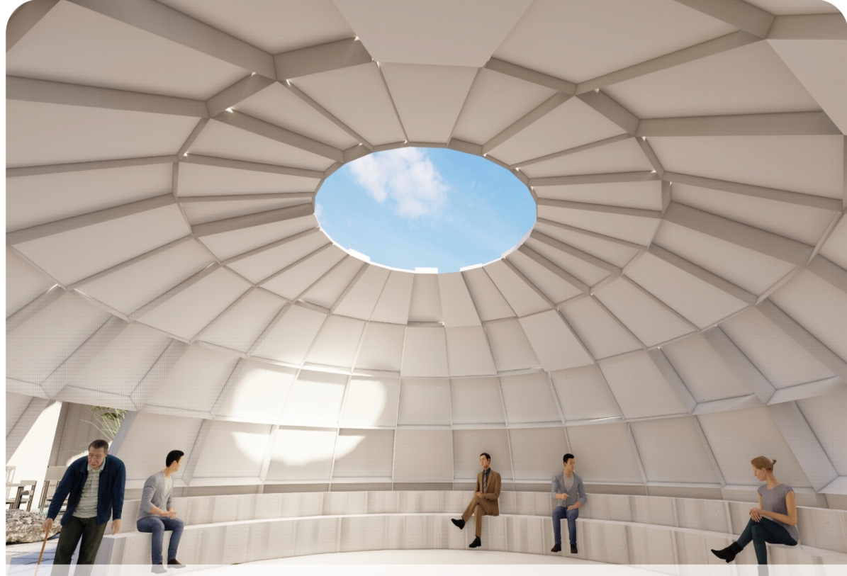 Interior of a domed room with ribbed white panels, a circular oculus open to the sky and people seated on tiered steps. Image: Dylan Ramage