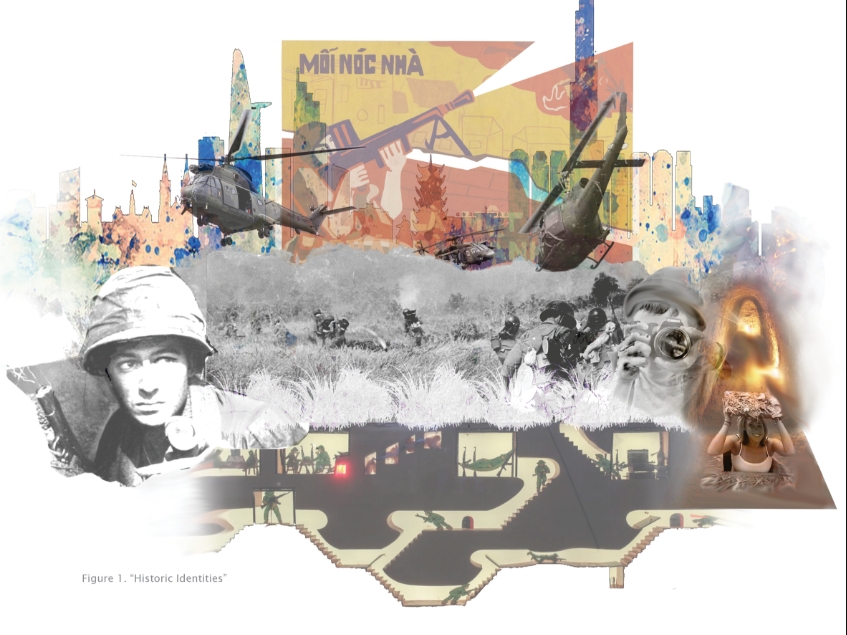 Collage of a soldier's portrait, helicopters, a propaganda poster and a section of underground tunnels with figures, captioned as historic identities. Image: Dylan Ramage