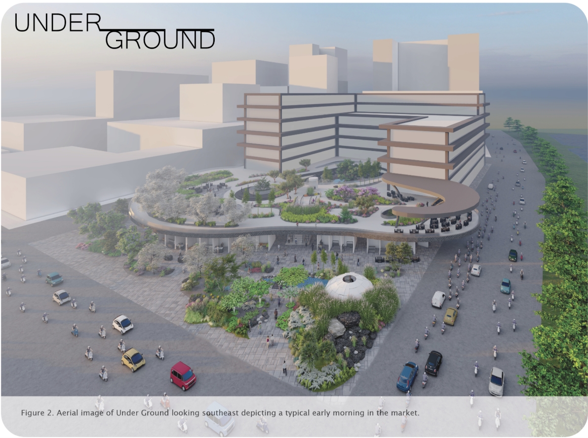 Aerial rendering of a terraced market with a curving planted rooftop, a white dome in the garden and scooters streaming along the road in morning haze. Image: Dylan Ramage