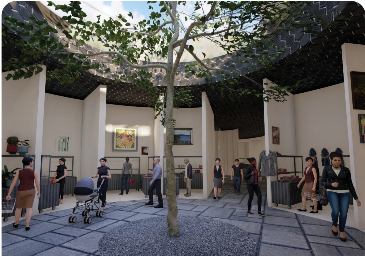 Market courtyard with a single tree rising from a gravel bed, white stall walls and shoppers under a hexagon-patterned ceiling. Image: Dylan Ramage