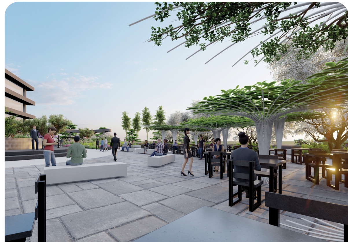 Paved rooftop plaza with white benches, black café tables and umbrella-shaped tree canopies, lit by low evening sun. Image: Dylan Ramage