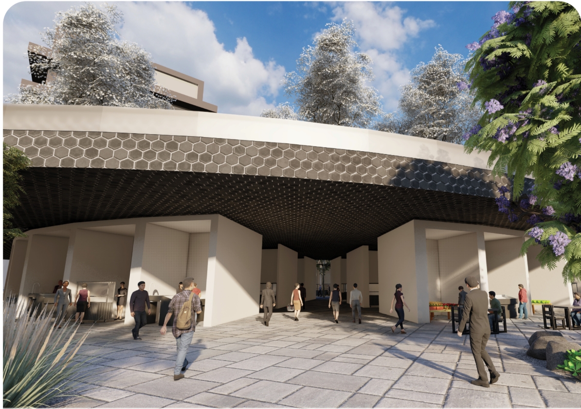 Curved hexagon-clad roof edge above white column bays and a stone-paved plaza, with people walking beneath a flowering jacaranda. Image: Dylan Ramage