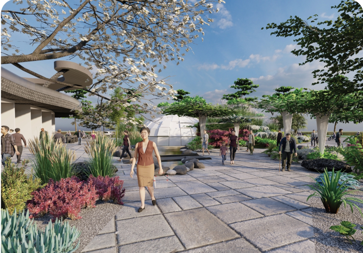Stone-paved rooftop garden with red shrubs, agave and a white domed pavilion, as a woman walks past under blossoming branches. Image: Dylan Ramage