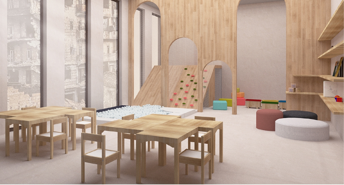 Children's play room with timber arches, a climbing wall, a ball pit and small wooden tables beside tall windows onto ruined buildings. Image: Sara Krzysztyniak