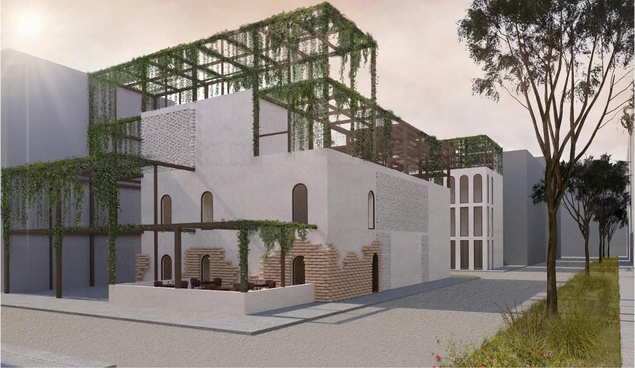 Rendered corner of a white plastered building with vine-draped timber pergolas, arched windows and exposed brick, lit by low sun. Image: Sara Krzysztyniak
