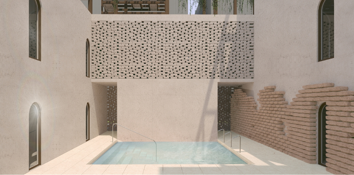 Courtyard with a small plunge pool, a perforated brick screen and a partly broken brick wall under soft daylight. Image: Sara Krzysztyniak