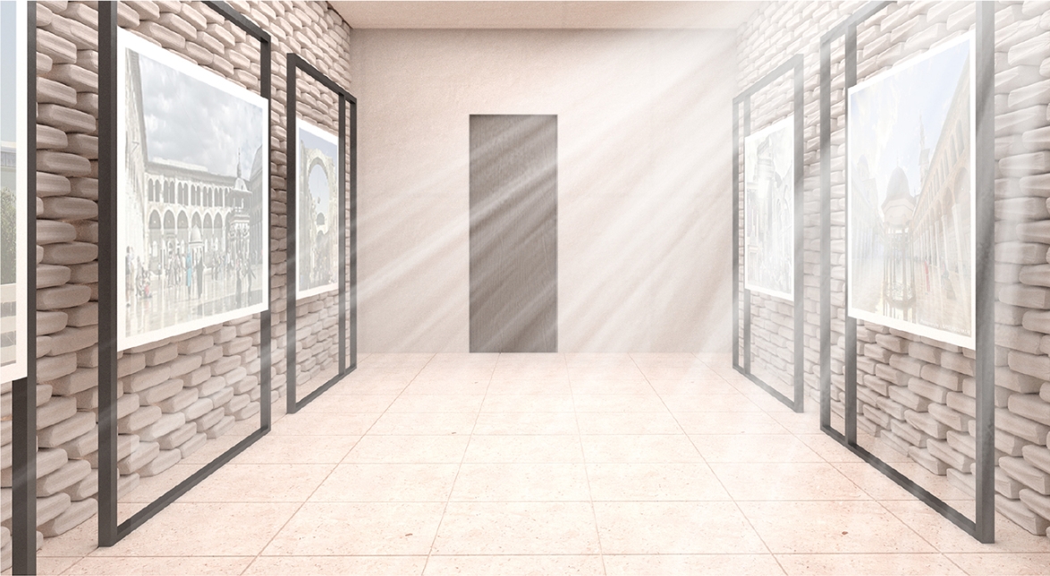 Gallery corridor with framed photographs on steel frames against exposed brick walls, with light rays falling toward a dark door. Image: Sara Krzysztyniak