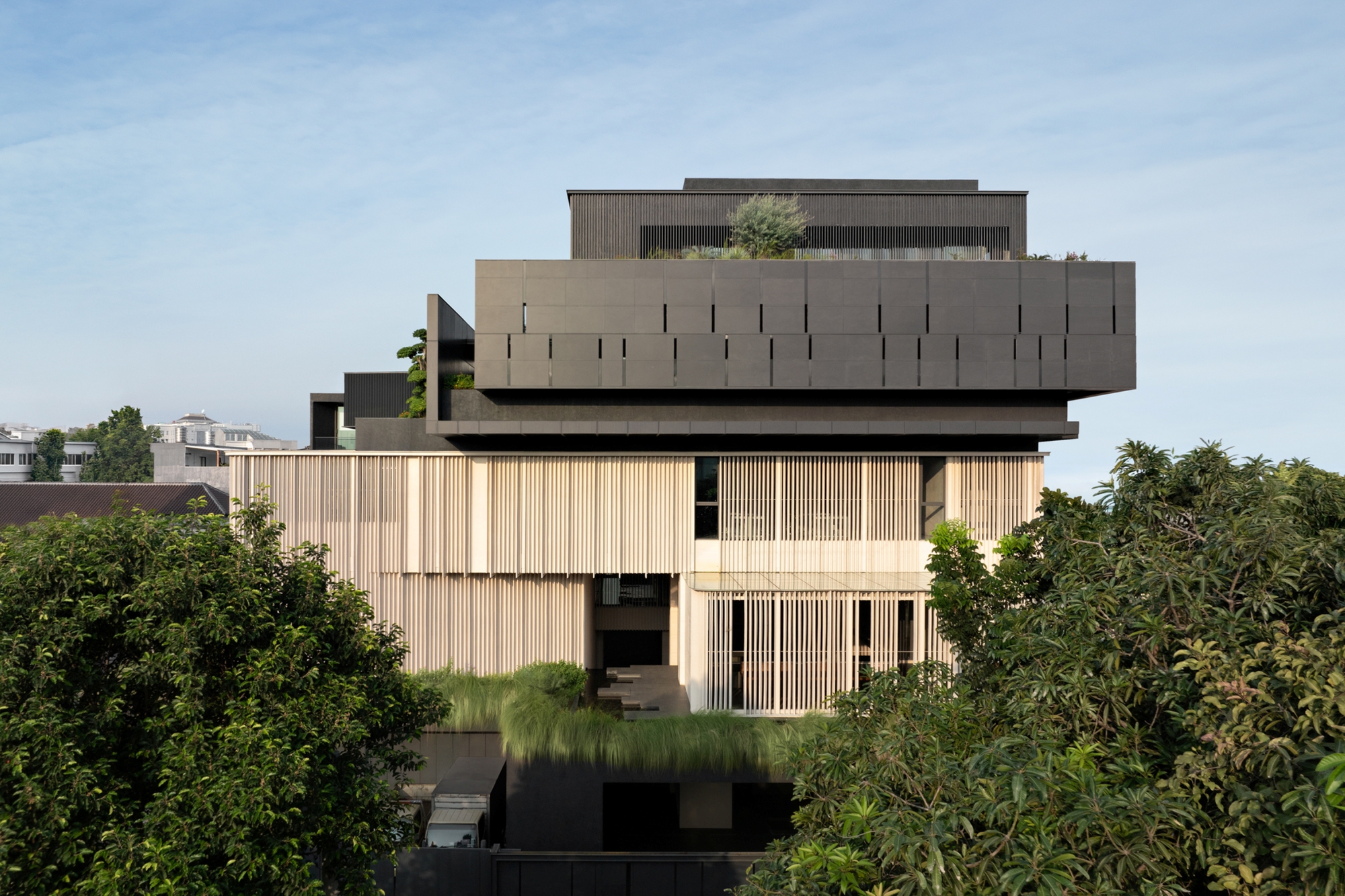 Side elevation of cantilevered dark boxes over a slatted timber screen, framed by leafy tree crowns under a pale blue sky