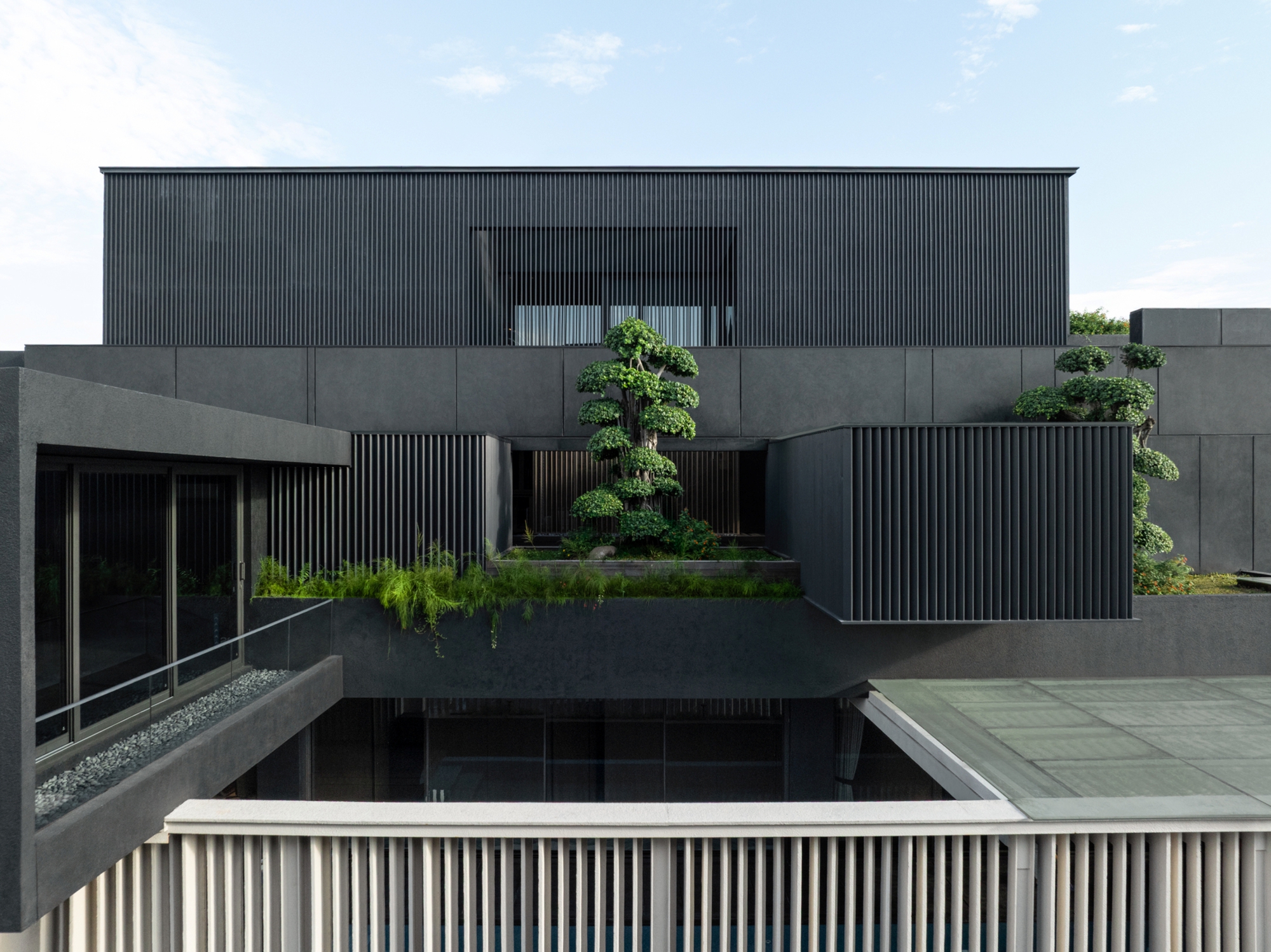 Terrace level of dark charcoal volumes with ribbed cladding and sculpted pine trees, set against a pale blue sky