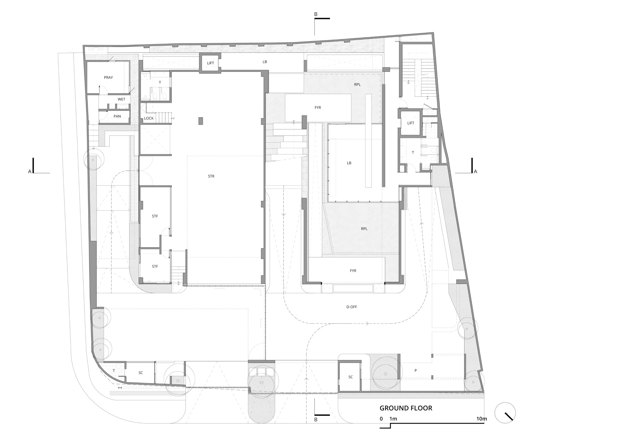 Ground floor plan drawing showing two main volumes around a drop-off court, with lobbies, reflecting pools, lifts and a prayer room