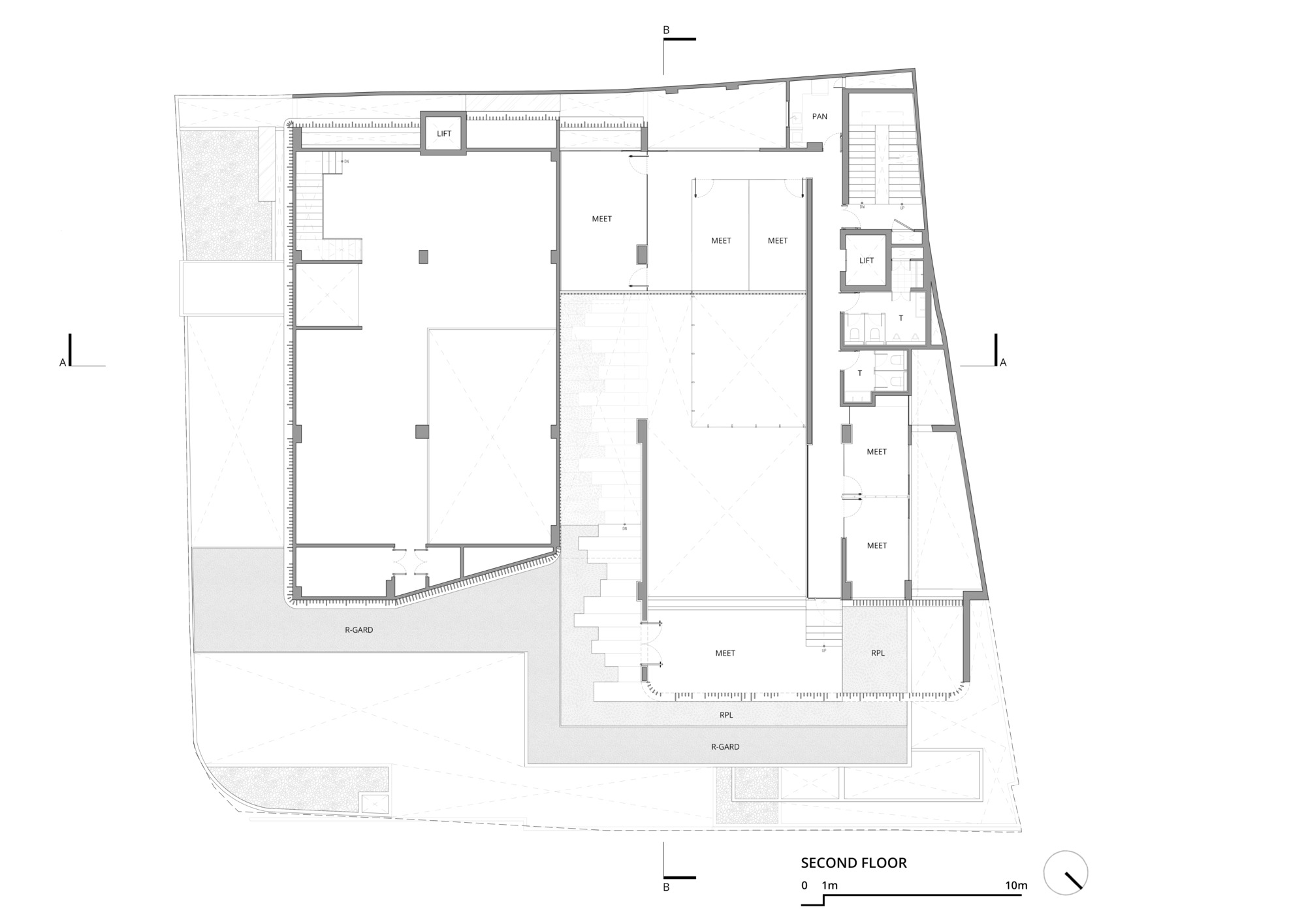 Second floor plan drawing showing meeting rooms, a central void, lift cores and roof garden terraces wrapping the lower edges