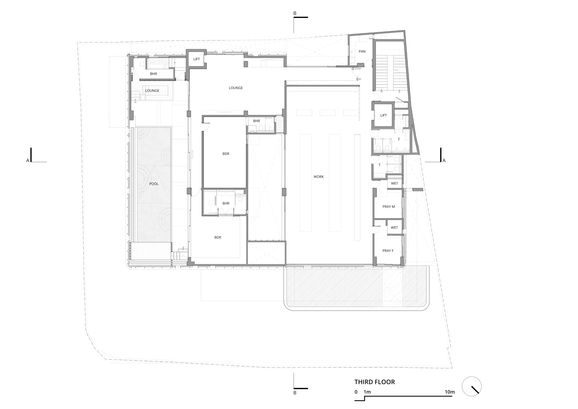 Third floor plan drawing showing a swimming pool, lounge, bedrooms and a large work area beside the lift and prayer rooms