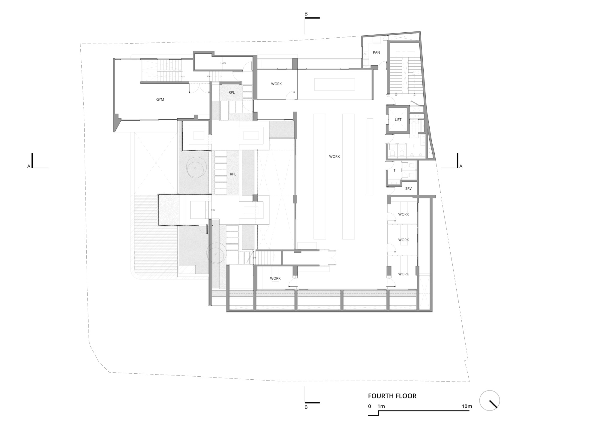 Fourth floor plan drawing showing a gym, a broad work floor, stepped reflecting pools and small offices along the east side