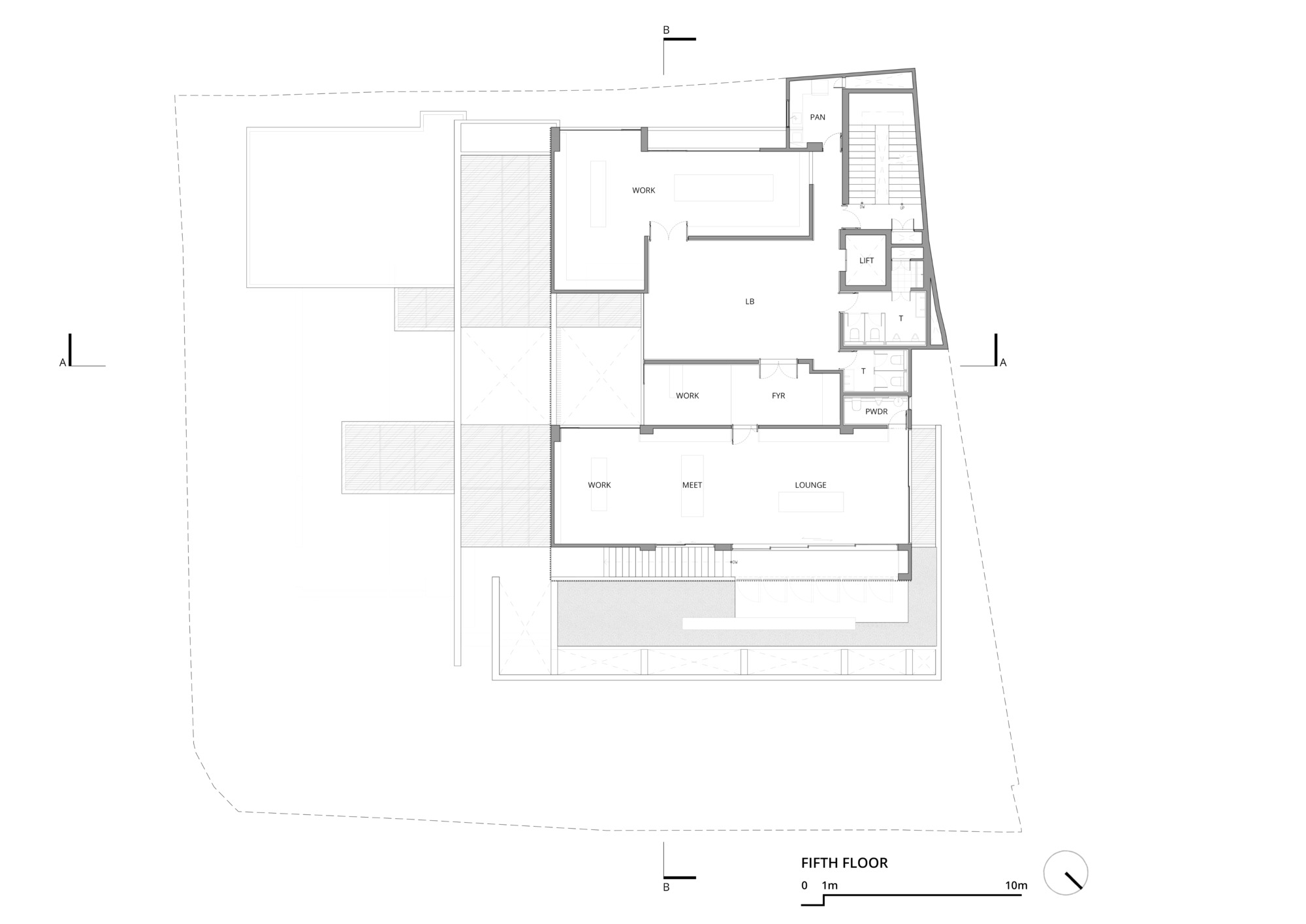 Fifth floor plan drawing showing work areas, a lounge, lift and stair core, and a terrace within an irregular site outline