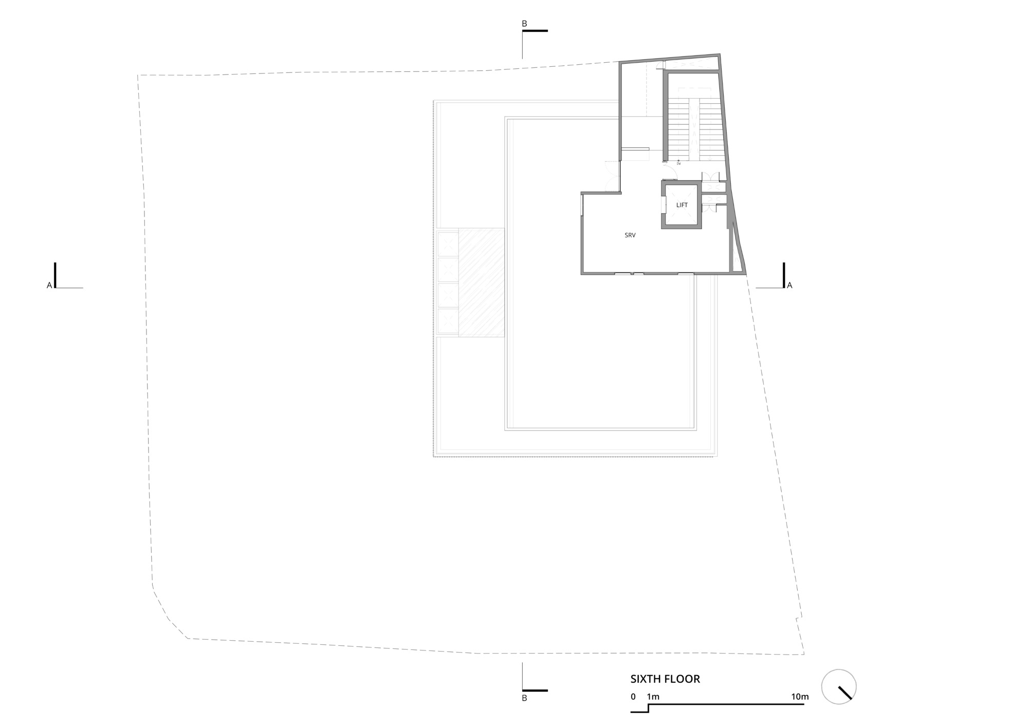 Sixth floor plan drawing showing a single small service room beside the lift, set against a large roof terrace outline