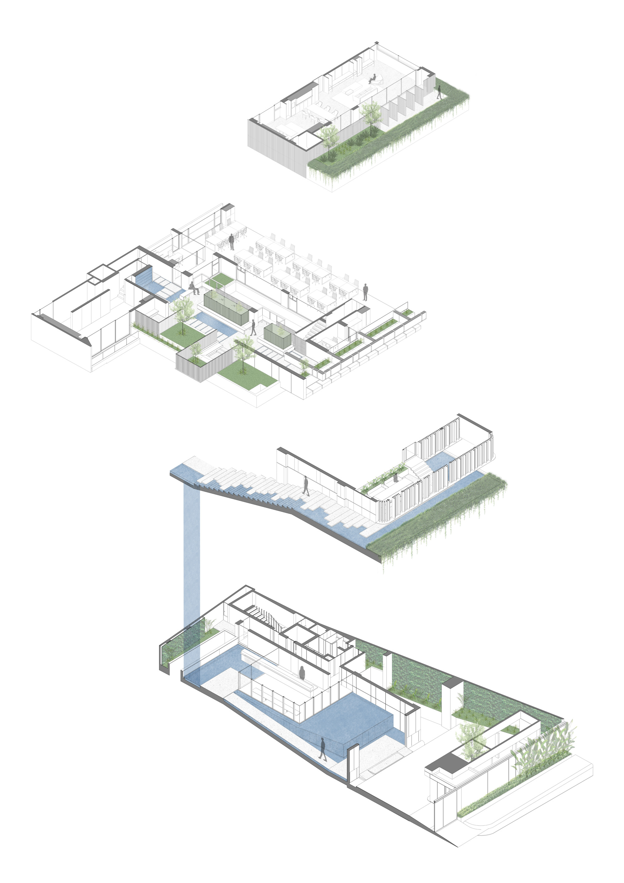 Exploded axonometric drawing showing stacked levels with water channels, planted terraces, a long stepped ramp and figures walking through