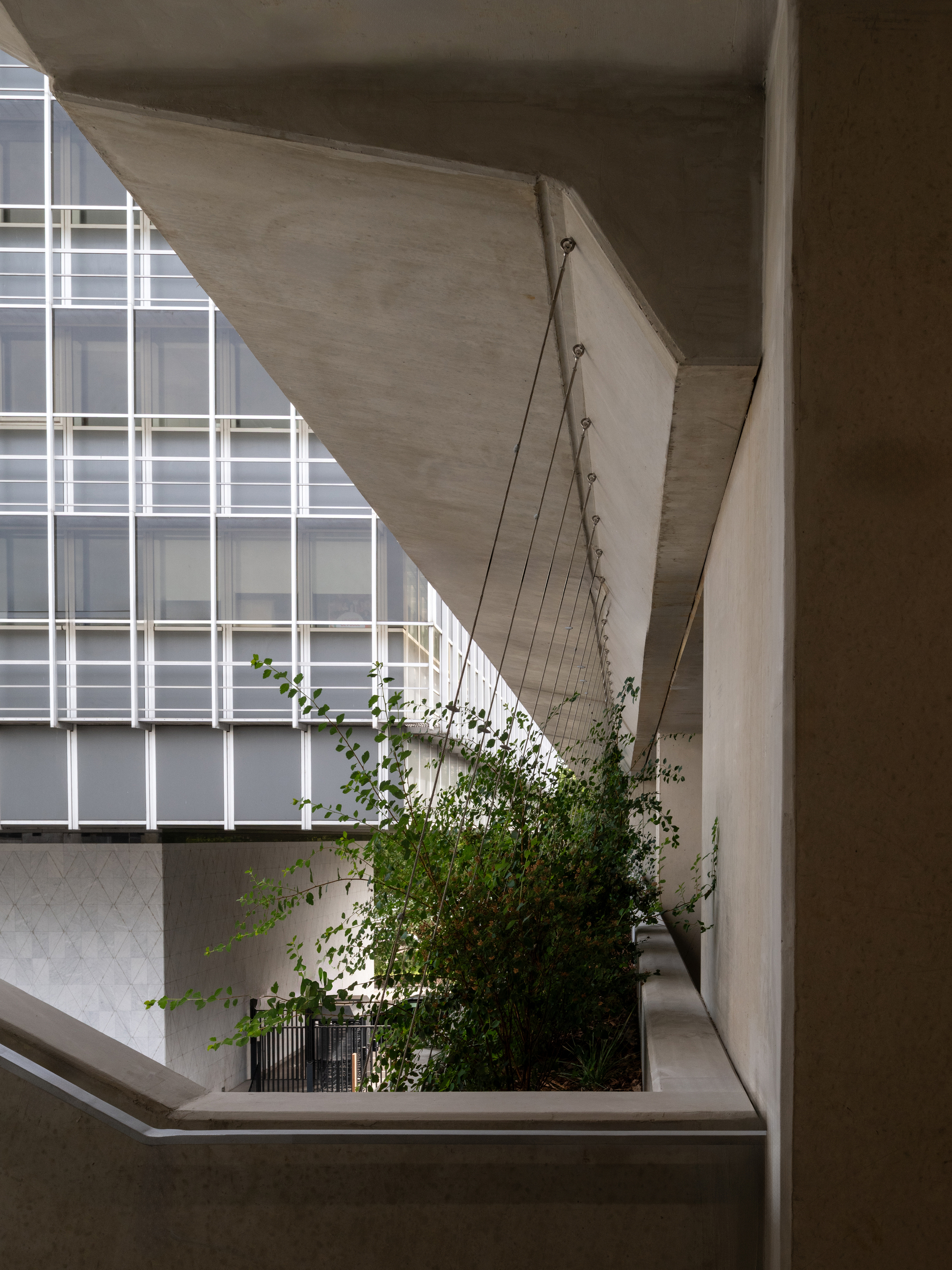 Angled concrete soffit above a planted ledge, with a glazed white-framed office block seen across the gap under overcast light