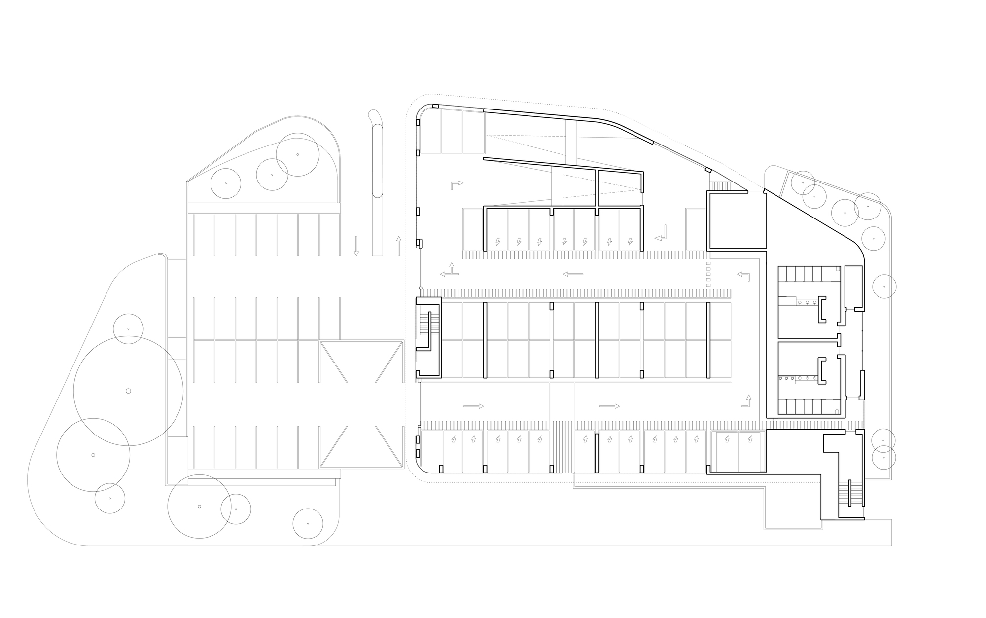 Floor plan drawing of the parking level showing stall rows, drive aisle, stair cores and service rooms, with tree-lined lots alongside