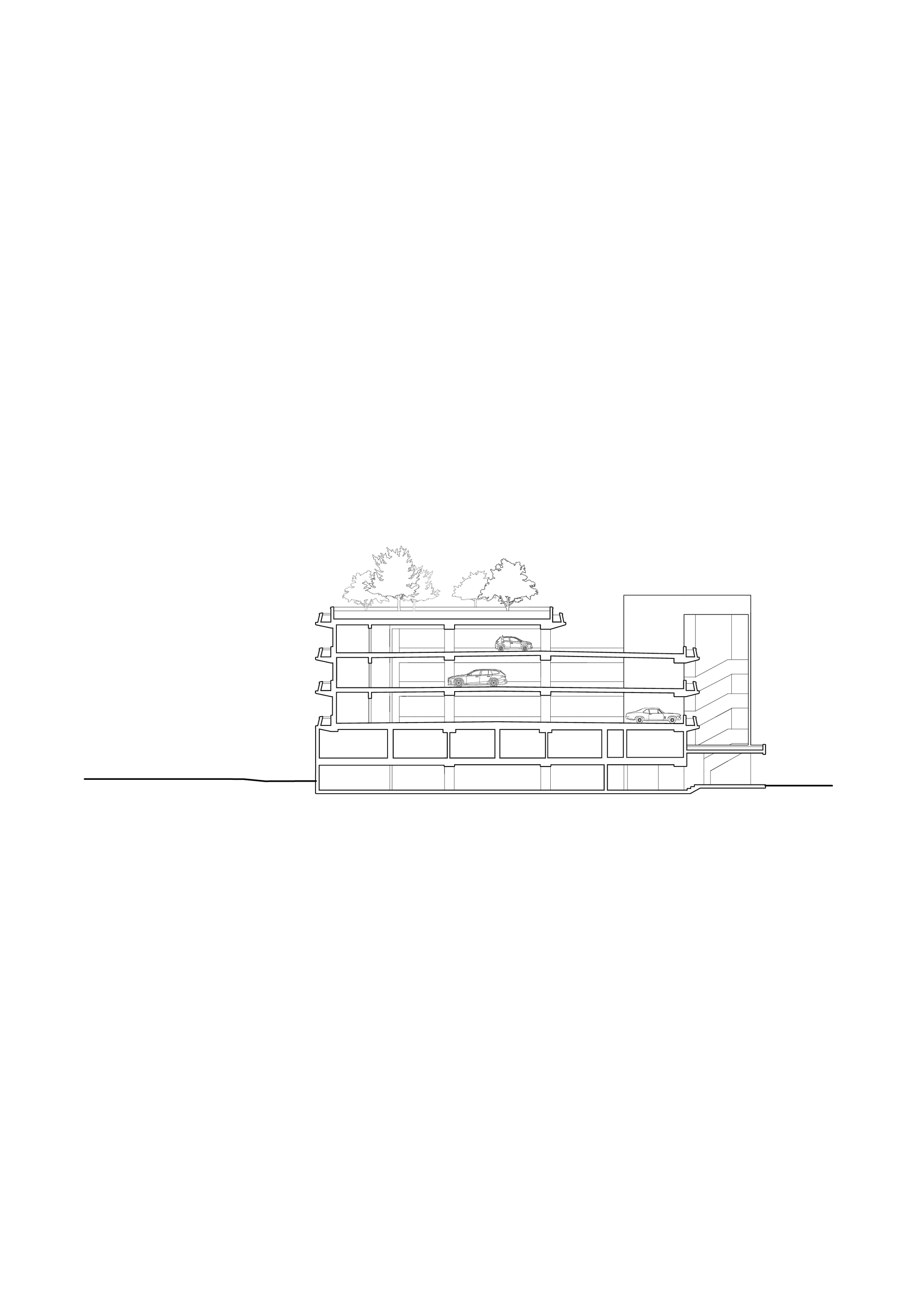 Section drawing of a multi-storey car park with parked cars on each deck and trees planted along the roof