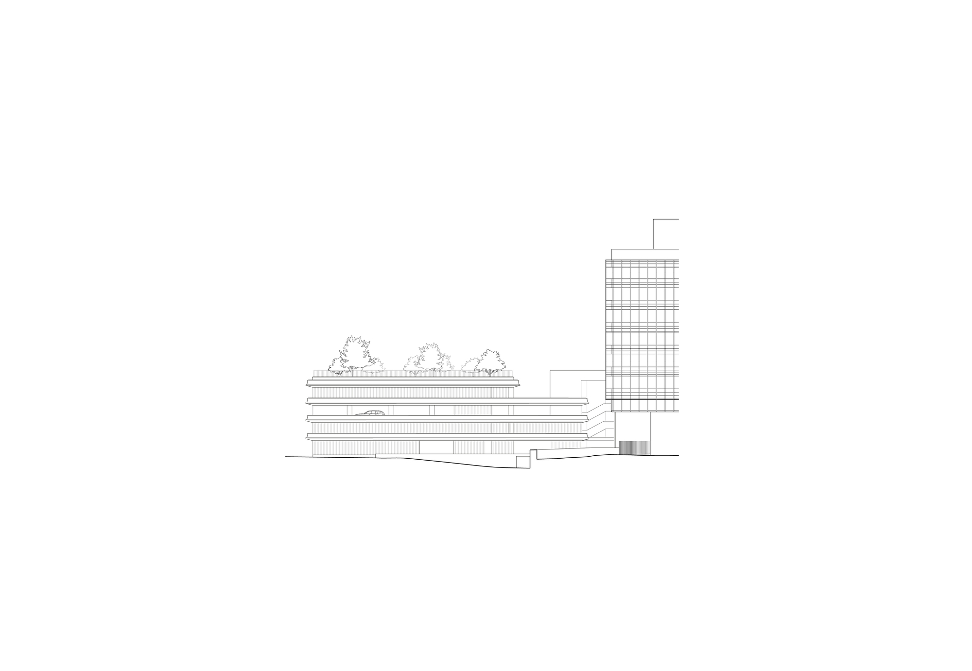 Elevation drawing of a low stepped parking structure with rooftop trees beside a taller glazed tower