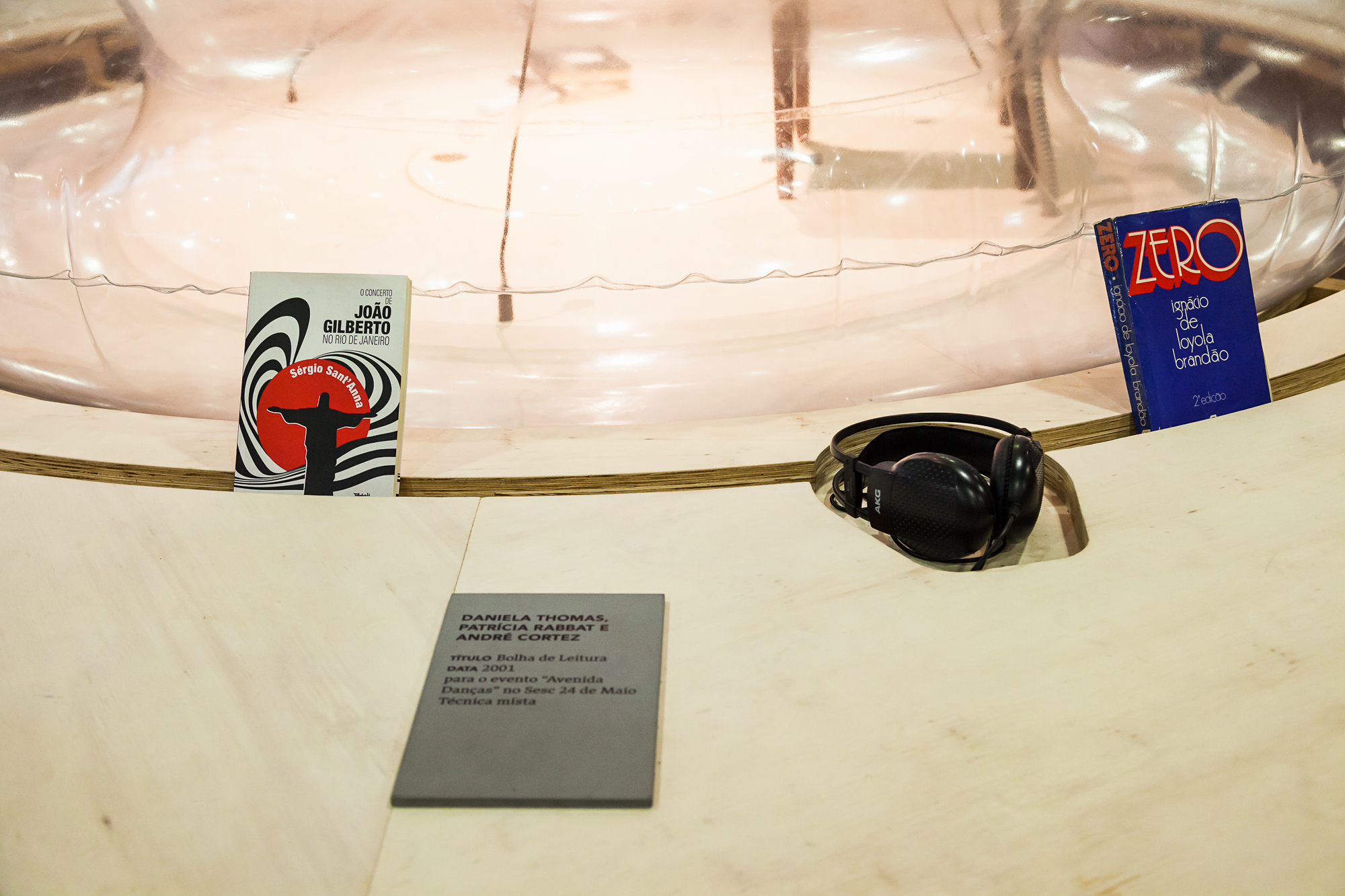 Close-up of two paperback books, a pair of headphones and a gray label plaque resting on a pale wooden table edge